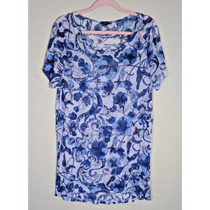 H&M Size Small Blue & White Floral Scoop Neck Short Sleeve Tunic/Cover-Up